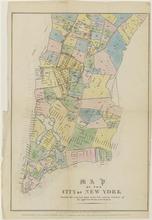 Map of the City of New York showing original high water line and the location of the different Farms and Estates.