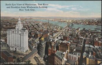 Bird's Eye View of Manhattan, East River and Brooklyn from Woolworth Building, New York City.