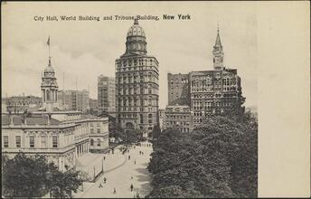 City Hall, World Building and Tribune Building, New York.