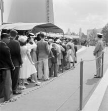 [People waiting in line for the Futurama ride at General Motors Highways and Horizons pavilion, New York World's Fair.]