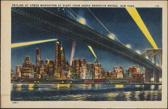 Skyline of Lower Manhattan at Night from Under Brooklyn Bridge, New York City