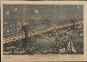 Bird's-Eye View of the Great New York and Brooklyn Bridge and Grand Display of Fireworks on the Opening Night.