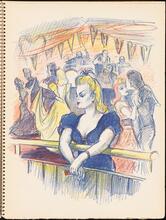 Don Freeman's Newsstand [Woman with her back to people dancing to a band.]