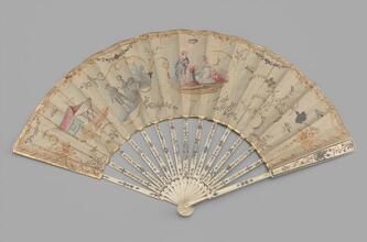 Folding fan with painted scenes of a couple at the altar of love