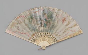 Folding fan of painted white silk leaf