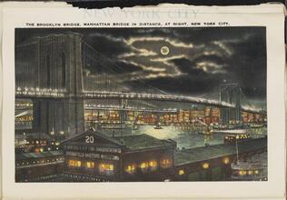 The Brooklyn Bridge, Manhattan Bridge in Distance, at Night, New York City.