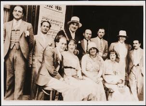 [Schecter, Boris Thomashefsky, Charles and Mary Goldstein, Max Lasky and others in front of McKinley Square Theatre.]