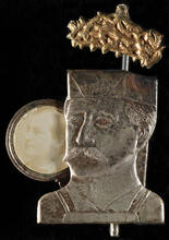 [Mechanical 1896 presidential election pin.]