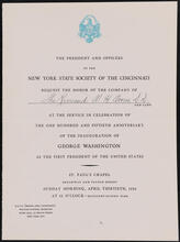 The President and Officers of the New York State Society of the Cincinnati request the honor of the company of the Reverend W. H. Owen, D.D. and Lady
