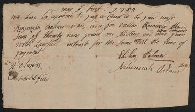Bond of Elihu and Nehemiah Palmer to Benjamin Palmer for 9 pounds 1 shilling 9 pence, May 1, 1755