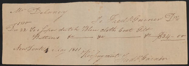 Receipted bill issued by Frederick Garner to John Peter De Lancey for $34.00, May 4, 1811