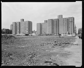 97th Street to 100th Street between Columbus Avenue and Central Park West. Park West Village, closer view from hill near 100th Street looking S.W.