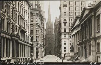 Wall St. and Trinity Church, New York.