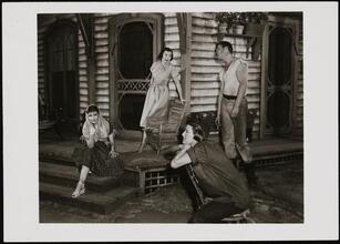 [Janice Rule as Madge Owens, Peggy Conklin as Flo Owens, Kim Stanley as Millie Owens and Ralph Meeker as Hal Carter in "Picnic".]