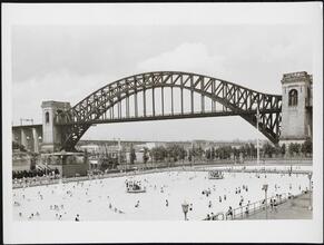 [Astoria Pool with Hell Gate Bridge in background.]