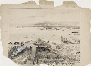 [Aerial view of Castle Garden and New York Harbor.]