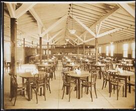 [Interior, cafeteria dining room.]