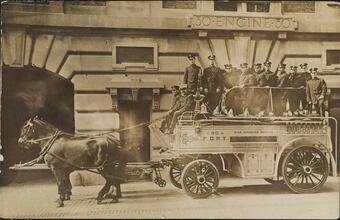 [Horse-drawn fire engine outside the fire station of Engine 30]