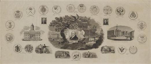 [Various scenes including the New York Merchants' Exchange and the Philadelphia Exchange, with portraits of politicians and landscapes.]