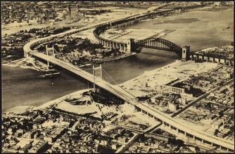 [Aerial view of the Triborough and Hell Gate Bridges.]