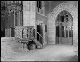 155th Street at the S.E. corner of Broadway. Chapel of the Intercession, detail of pulpit and screen in chapel.