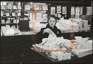 The 5 and 10 [Woman looking at fabric at Woolworth's.]