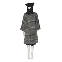 Ensemble comprising coat in black and white Glenurquhart plaid wool, dress and hood