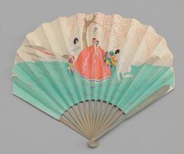 Advertising folding fan of printed paper leaf issued by Maison Prunier