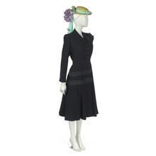 "Swinging Free" ensemble comprising coat-dress and skirt in black wool crepe, hat in chartreuse straw and pair of gloves and pair of shoes