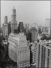 [Aerial view looking northwest in the vicinity of Fulton and Gold Streets, with the Royal Insurance Company Building in the foreground.]