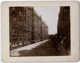 [Interior court of an apartment house complex.]