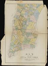 Map of the City of New York, showing original high water line and the location of different Farms and Estates.