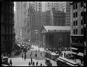 Broadway Series. View taken from balcony of post office, looking south on Broadway, toward Vesey Street at right, showing corner of Astor Building. St. Paul's Chapel in center. St. Paul's office build