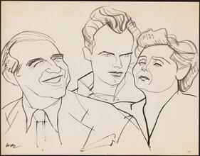 [Ed Begley as Joe Keller, Arthur Kennedy as Chris Keller and Beth Merrill as Kate Keller in "All My Sons".]