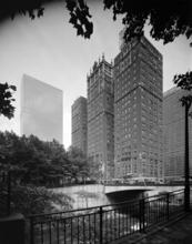 [View looking northeast toward Tudor City and its park from the East 42nd Street underpass.]