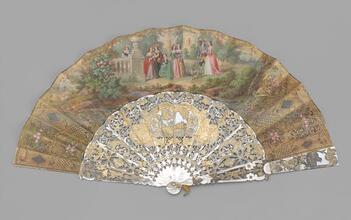 Fan of painted paper leaf and carved, gilt mother of pearl sticks