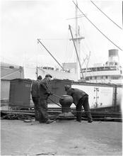 Waterfront. [Docking a boat.]