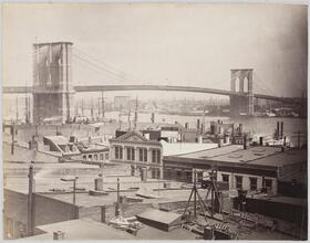 [A. Construction of the Brooklyn Bridge ; B. Brooklyn Bridge.]