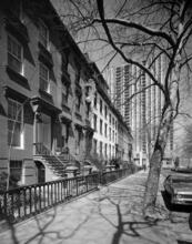 [Looking north on Monroe Place toward Cadman Towers at 101 Clark Street.]