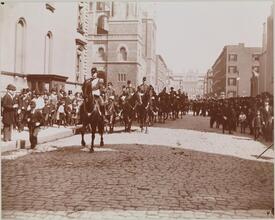 Street Scenes - 1894.  43rd Street - East from 5th Ave.  Grand Central in Background, Temple Emanu El on Left.  Gov. Morton's Staff.  John Jacob Astor Leading.