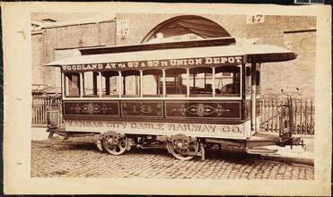 Cable Cars [Kansas City Cable Railway Co. No. 18 streetcar, Woodland Avenue via 8th & 9th to Union Depot.]