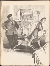 Don Freeman's Newsstand [Woman walking an animal as a policeman and others watch.]