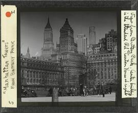 Manhattan Towers from Battery Park. View from Battery Park. Center building is the Standard Oil. Custom House on the right.