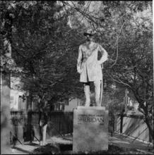 ["General Philip Henry Sheridan" bronze statue in Christopher Park.]