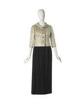 Evening ensemble in silver and gold metallic check and black jersey