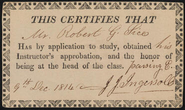 [Certification of application to study, attainment of instructor's approbation, and the honor of being at the head of the class.]