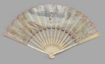 Folding fan of painted cream silk leaf