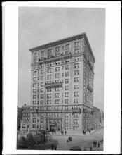 Park Avenue at the S.W. corner of 81st Street. Watercolor rendering, apartment house.
