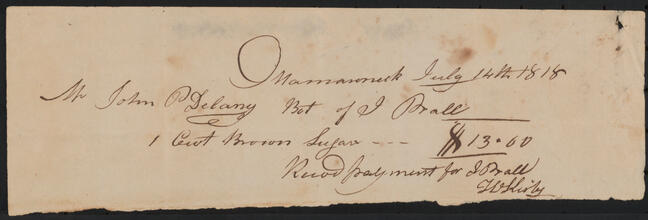 Receipted bill issued by J. Pratt to John Peter De Lancey for $13.00, July 14, 1818