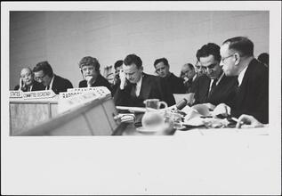 [Eleanor Roosevelt in a meeting of the United Nations Human Rights Commission.]